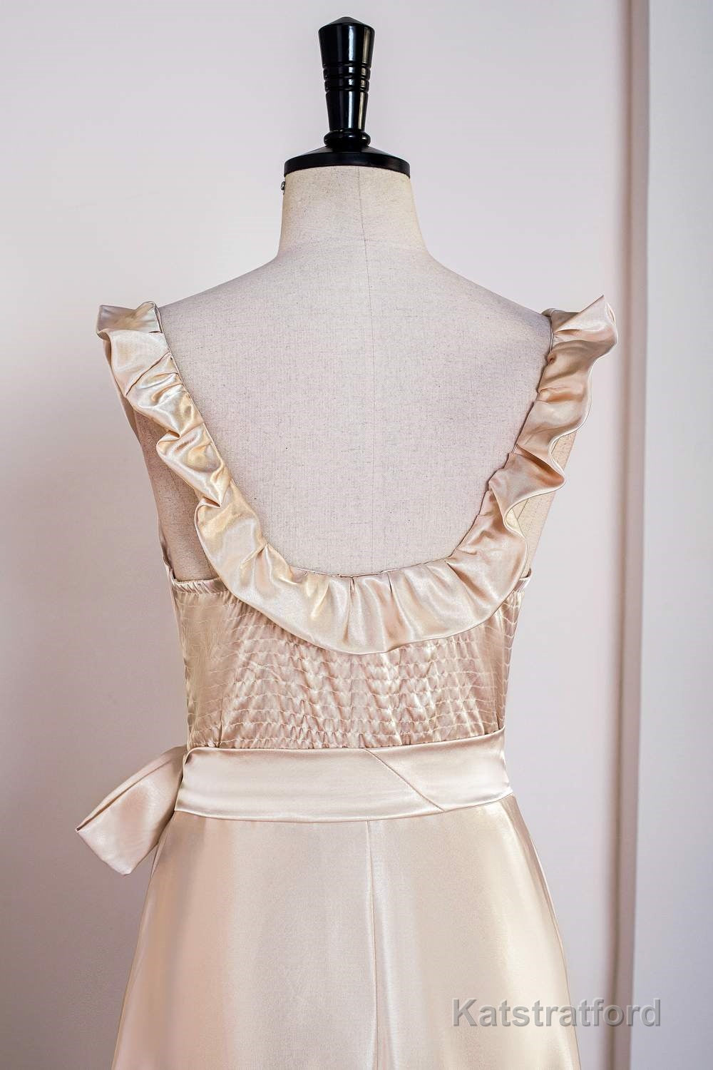 Champagne Sleeveless Ruffled A-line Tea-Length Bridesmaid Dress with Sash