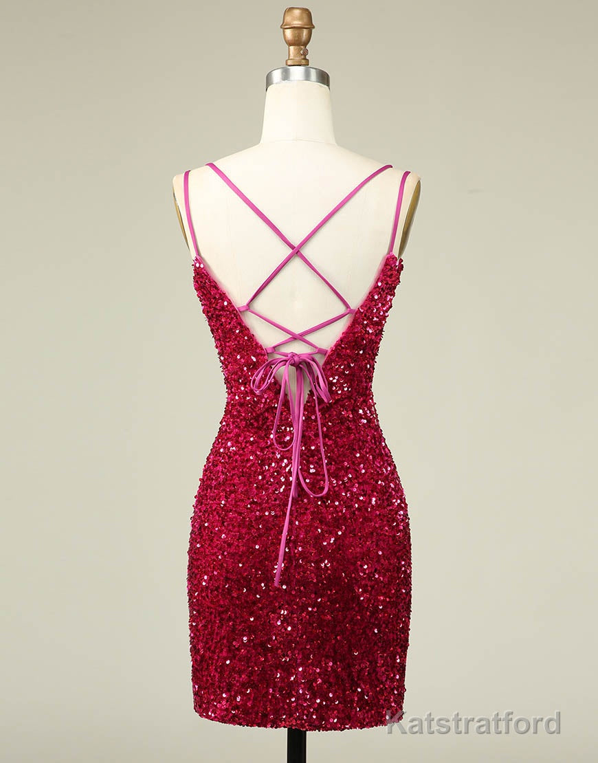 Sparkly Sequin Double Spaghetti Straps Tight Homecoming Dress
