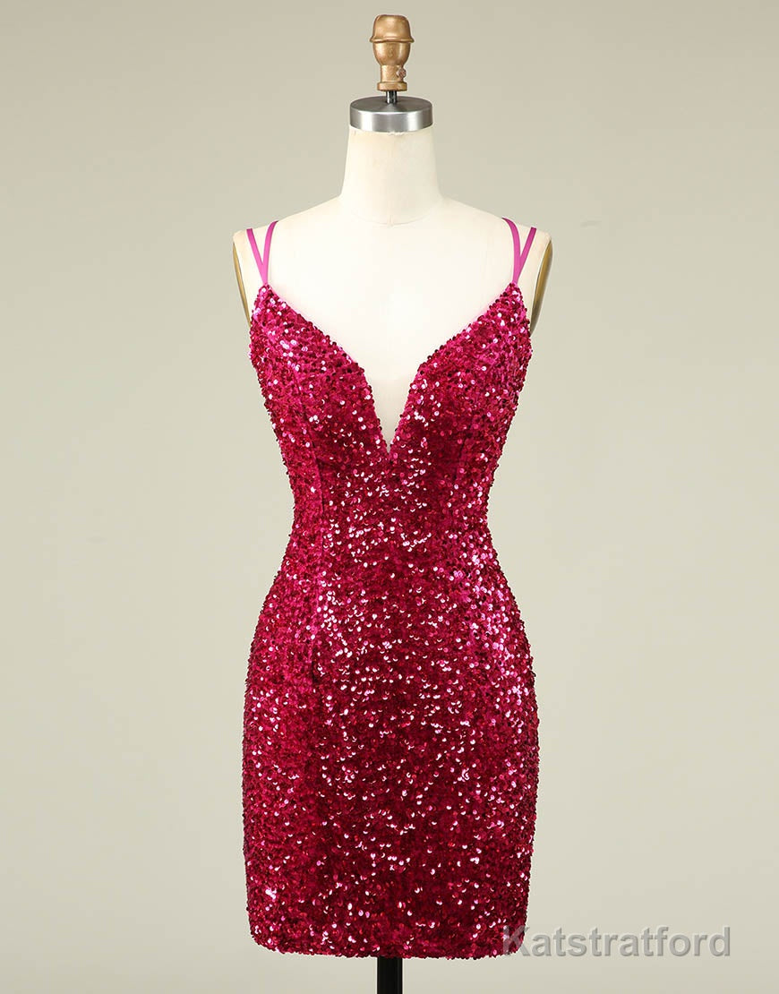 Sparkly Sequin Double Spaghetti Straps Tight Homecoming Dress