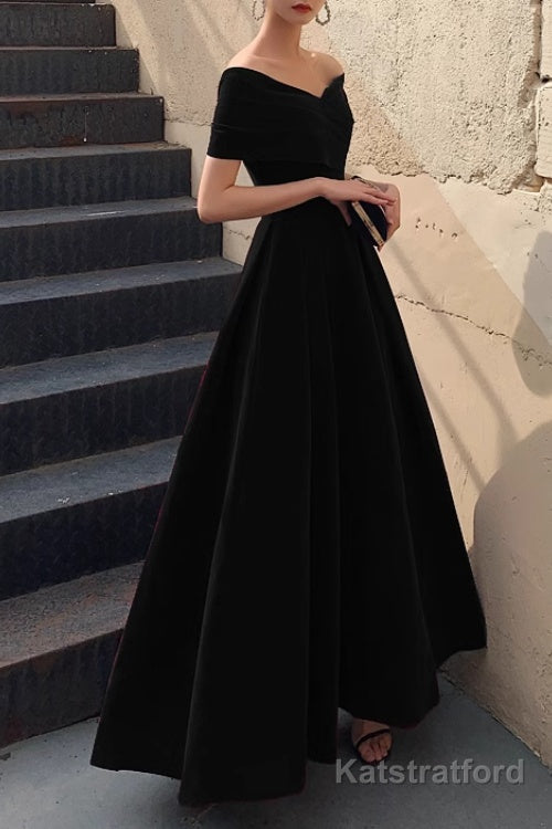 Simple V-neck Short-Sleeve Off Shoulder Long Prom Dress Black A-Line Evening Dress