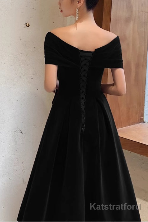 Simple V-neck Short-Sleeve Off Shoulder Long Prom Dress Black A-Line Evening Dress