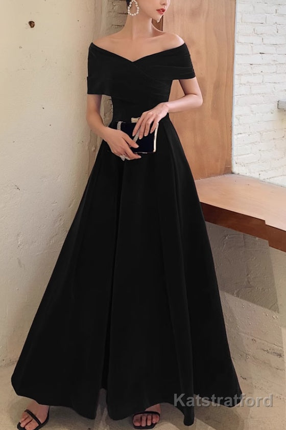 Simple V-neck Short-Sleeve Off Shoulder Long Prom Dress Black A-Line Evening Dress