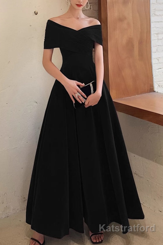 Simple V-neck Short-Sleeve Off Shoulder Long Prom Dress Black A-Line Evening Dress