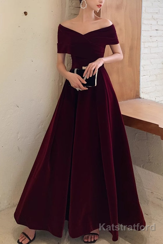 Simple V-neck Short-Sleeve Off Shoulder Long Prom Dress Burgundy A-Line Evening Dress