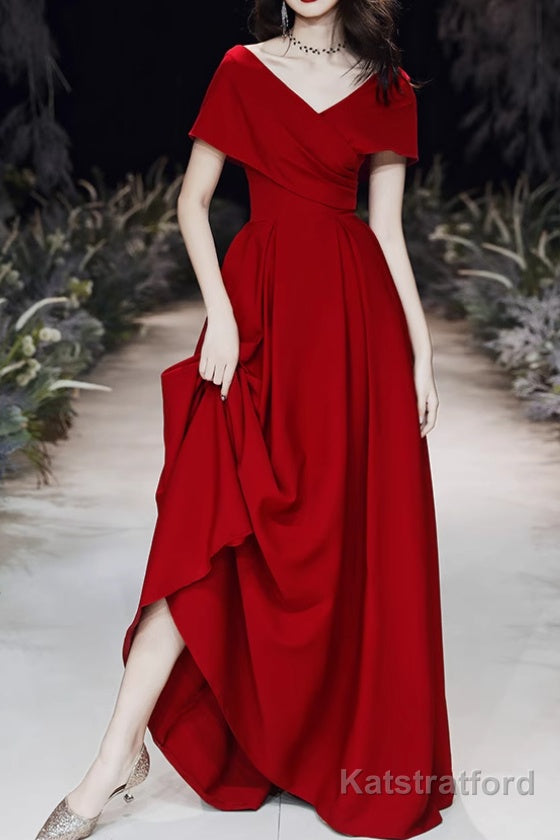 Simple V-neck Short-Sleeve Off Shoulder Long Prom Dress Red A-Line Evening Dress