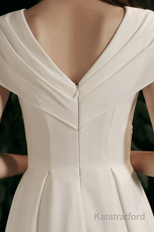 Simple V-neck Short-Sleeve Off Shoulder Long Prom Dress White A-Line Evening Dress