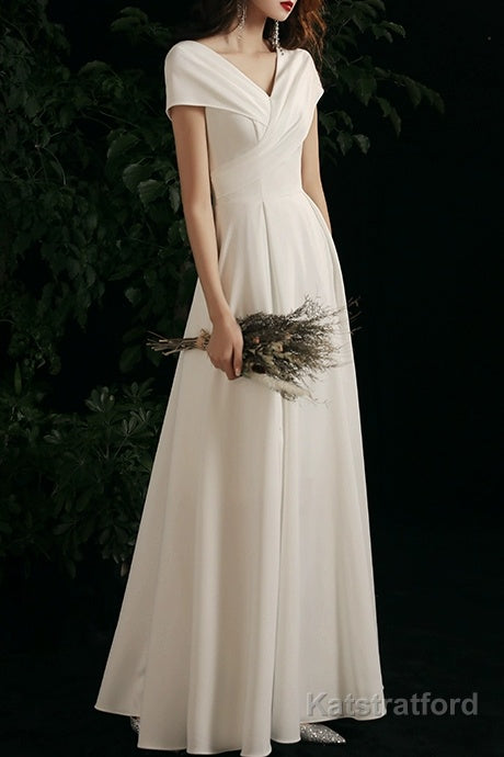 Simple V-neck Short-Sleeve Off Shoulder Long Prom Dress White A-Line Evening Dress