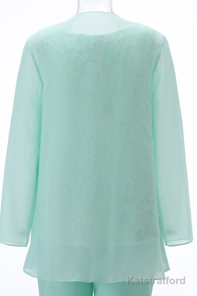 Aqua Three-Piece Chiffon Mother of the Bride Pant Suits