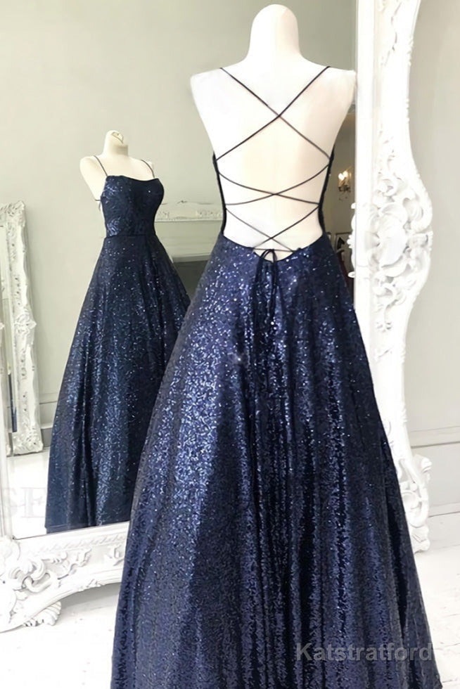Long Navy Blue Sequin Prom Dress