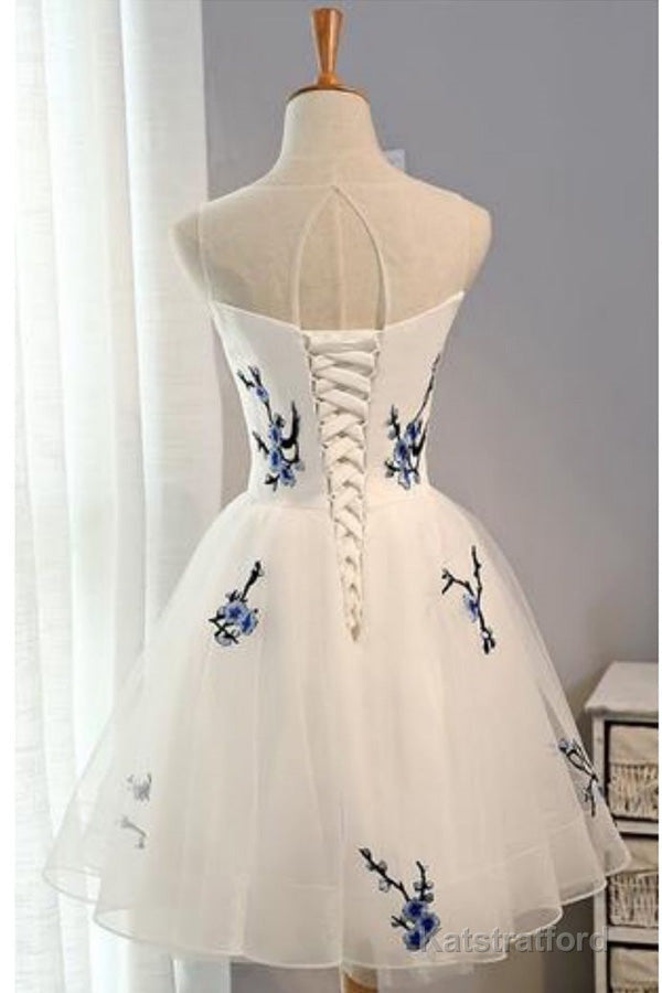 Ivory Sheer Sleeveless Floral Short Homecoming Dresses