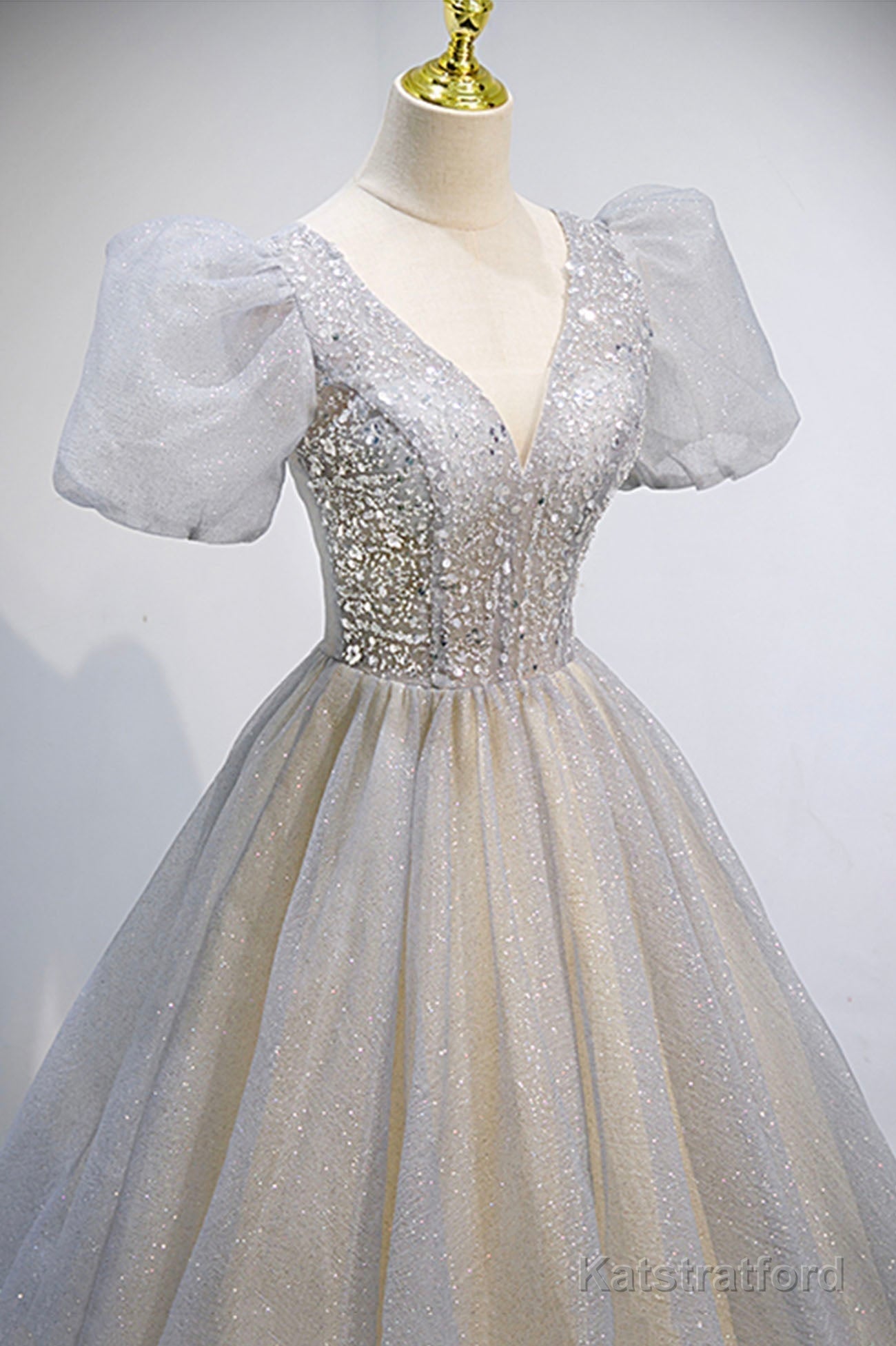 Grey V-Neck Tulle Beading Long Prom Dresses, A-Line Evening Dresses