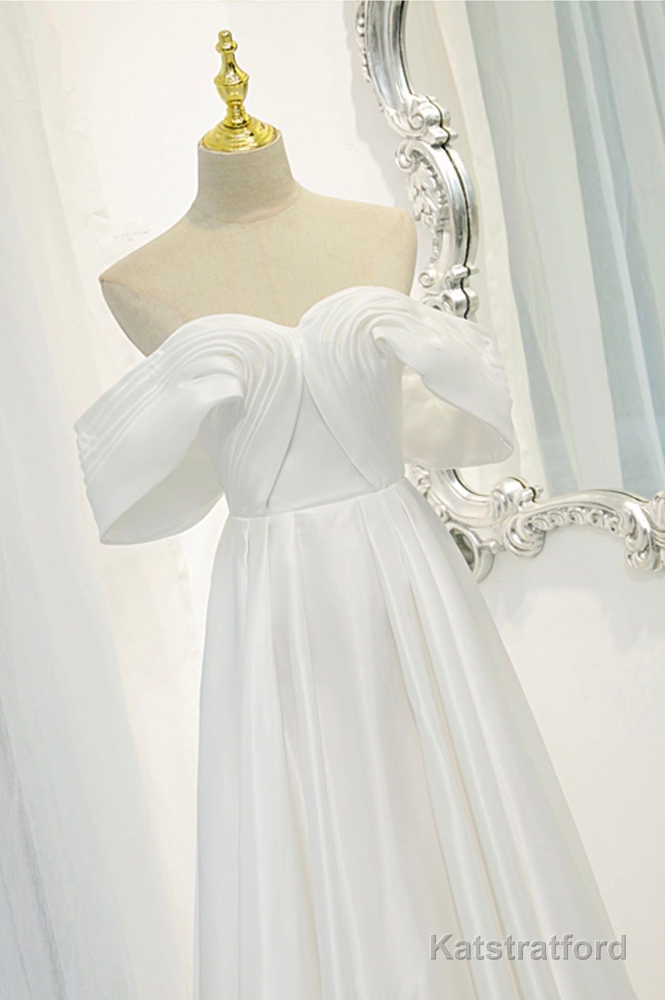 White Satin Long Prom Dress, Off the Shoulder Evening Dress