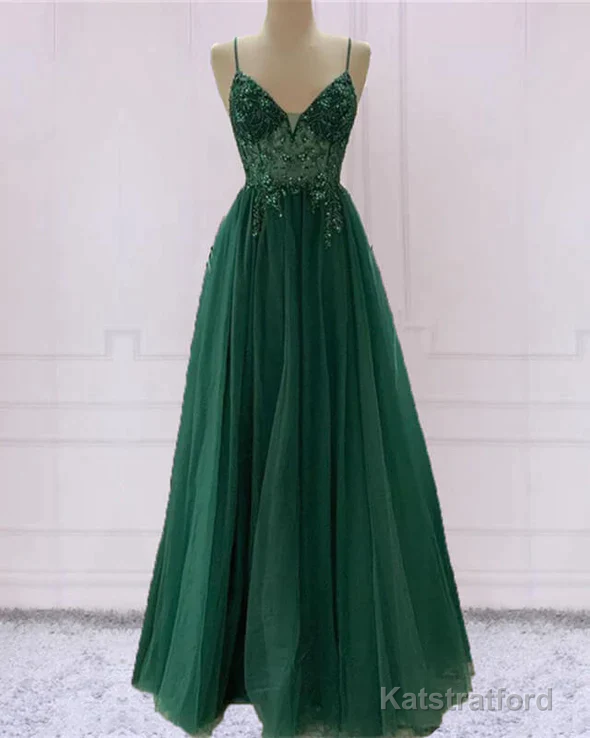 Spaghetti Strap Green A Line Long Prom Dress V Neck Formal Evening Gown Party Dress