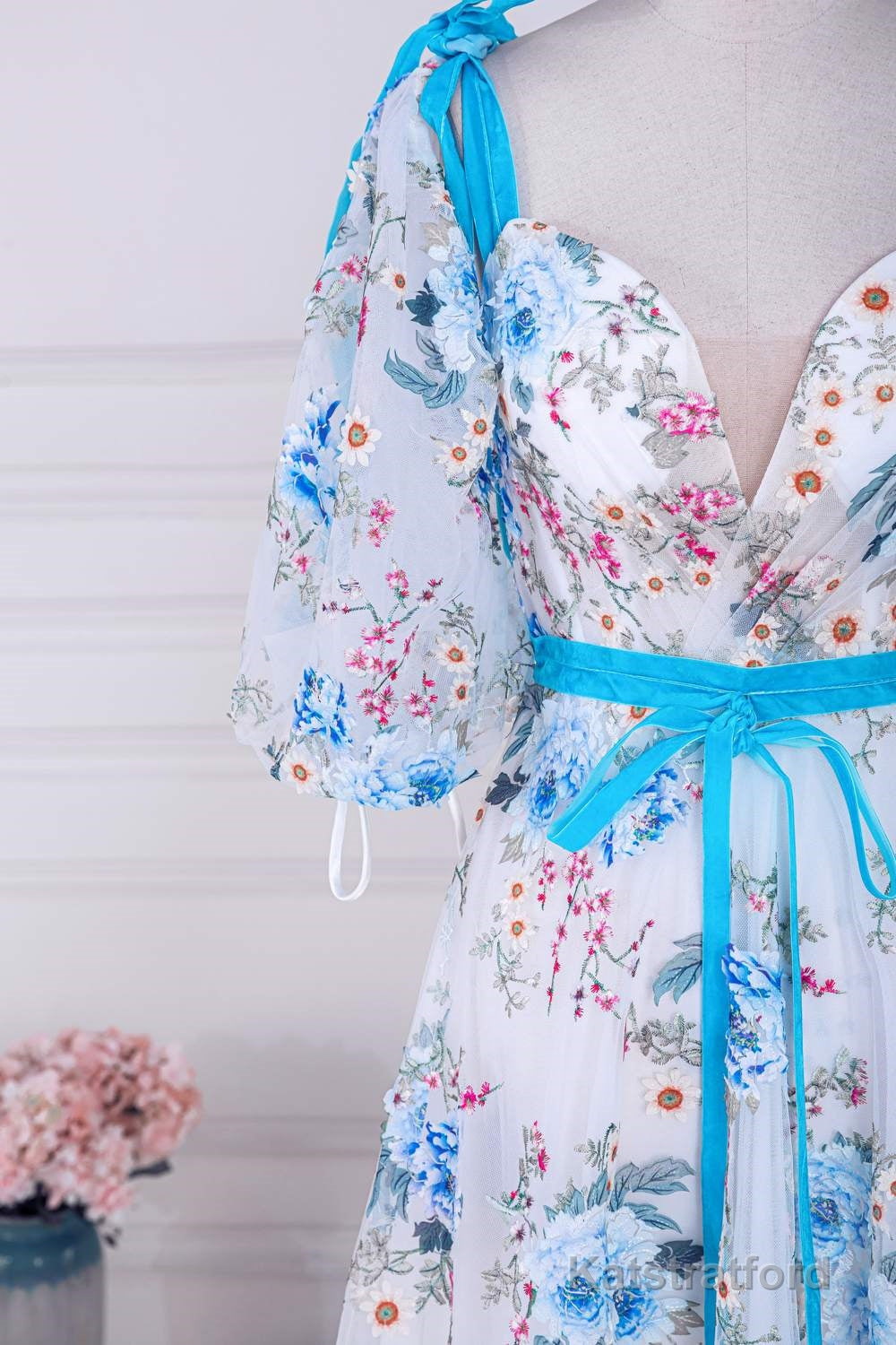 Blue and White Floral Bow Tie Straps A-line Long Prom Dress with Slit