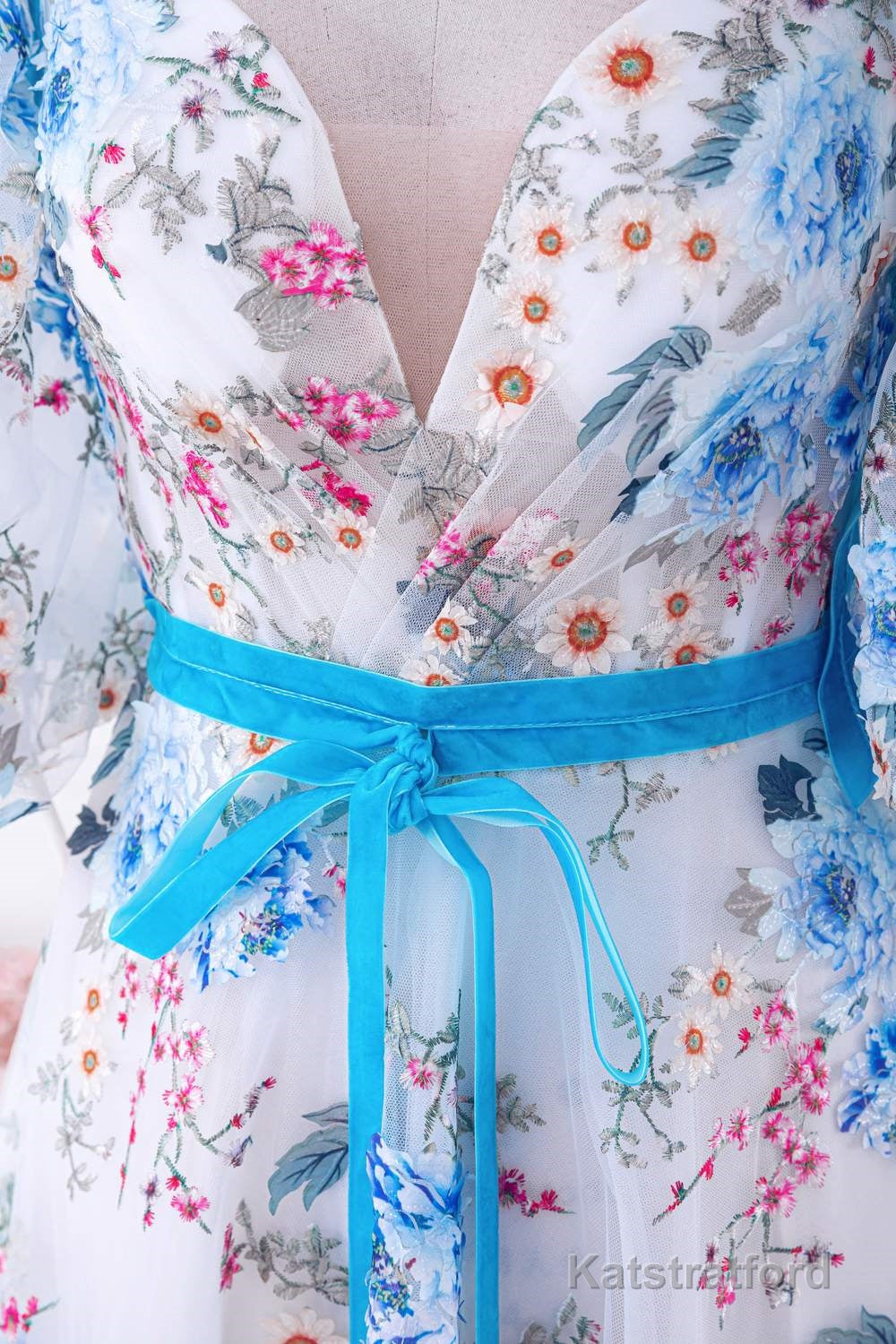 Blue and White Floral Bow Tie Straps A-line Long Prom Dress with Slit