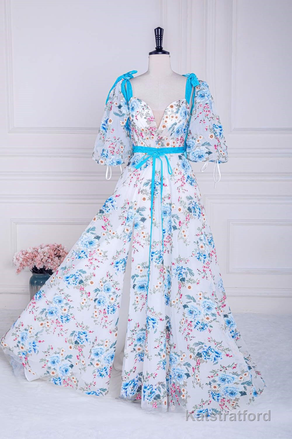 Blue and White Floral Bow Tie Straps A-line Long Prom Dress with Slit