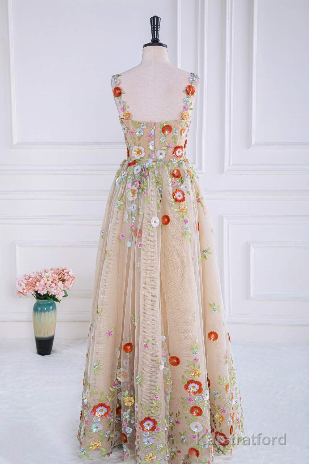 Dusty Pink Sequined Floral Appliques A-line Long Prom Dress