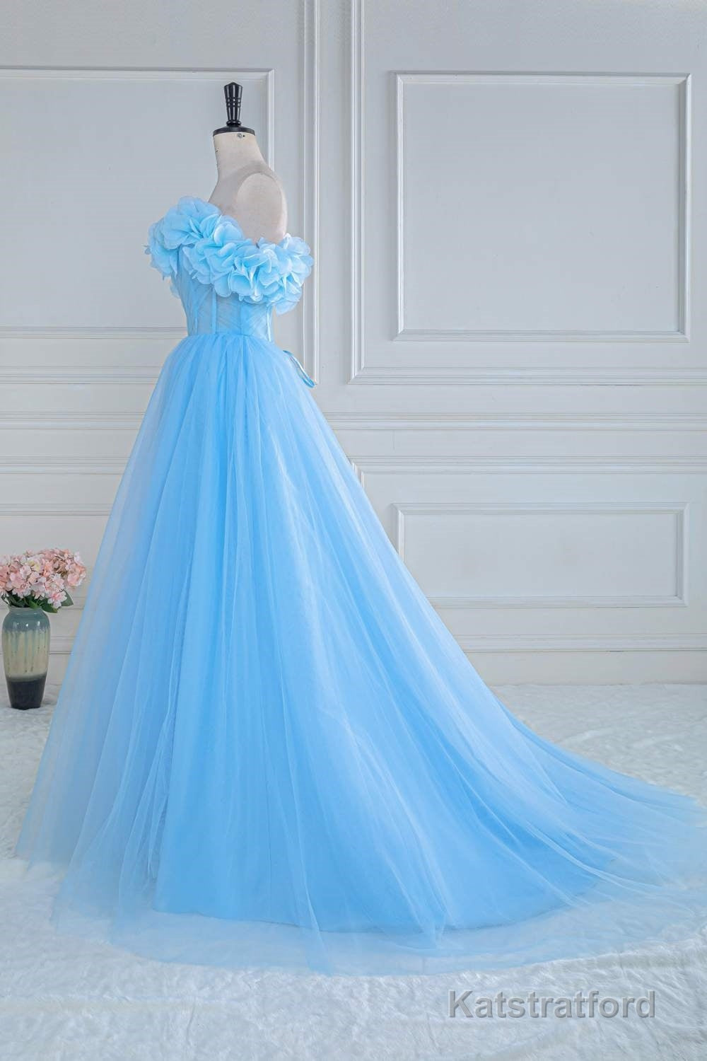 Light Blue Flowers Off-Shoulder A-line Long Prom Dress with Slit