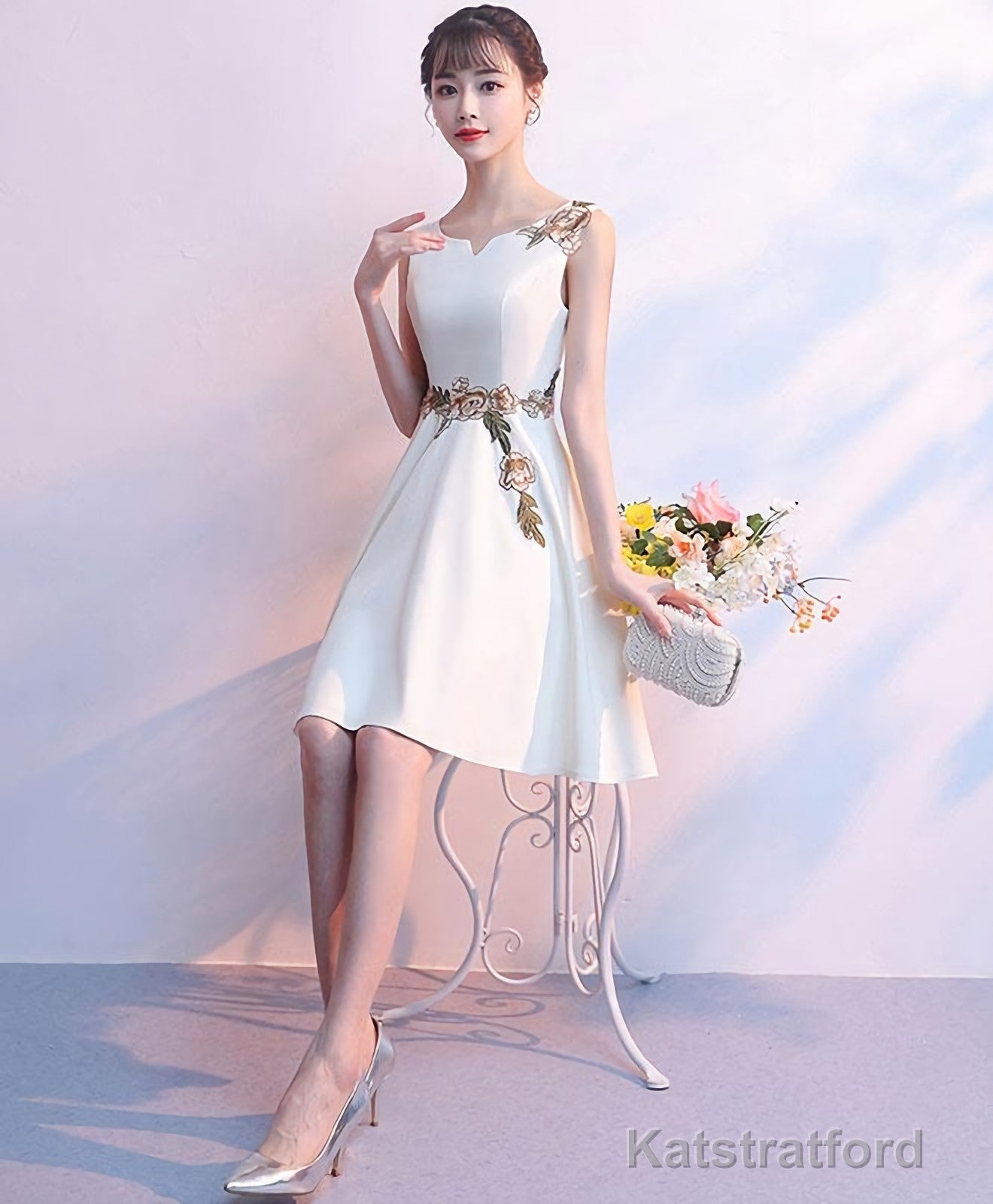 Simple White Satin Applique Short Prom Dress Cute Homecoming Dress