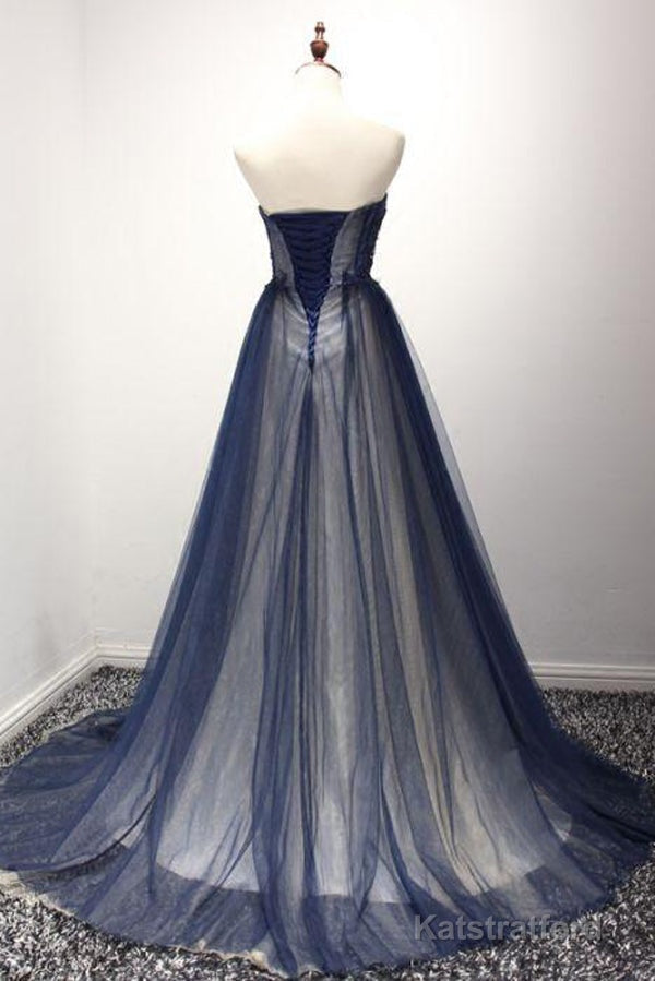 Navy A Line Sweep Train Straight Sleeveless Mid Back Lace Up Prom Dresses