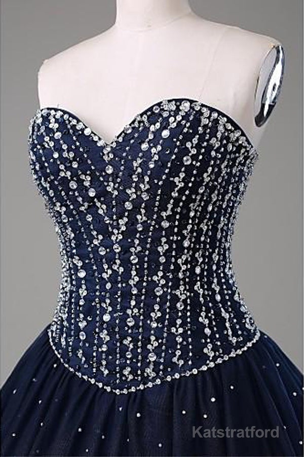 Navy Blue Ball Gown Floor Length Sweetheart Sleeveless Mid Back Prom Dresses