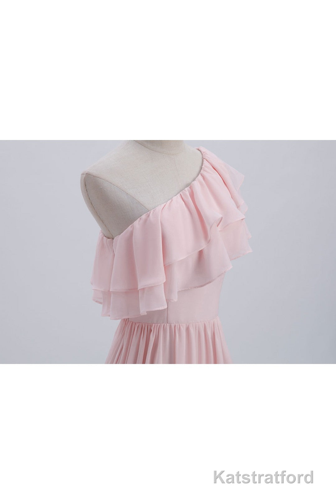 Ruffles Pink One Shoulder Chiffon A-line Long Bridesmaid Dress