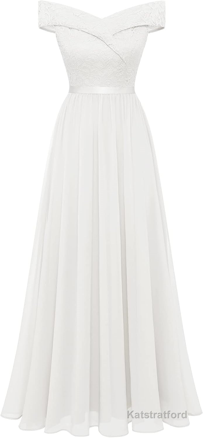 Womens Lace Bridesmaid Dress A-Line Off Shoulder Floral Lace Chiffon Prom Dresses