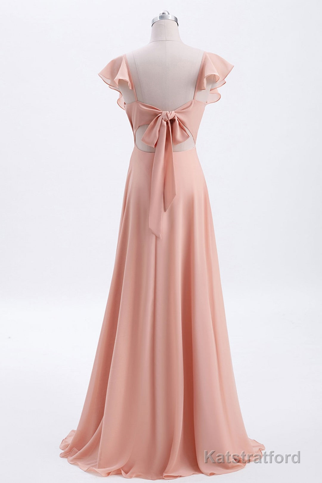 Peach Ruffles A-lline Chiffon Long Bridesmaid Dress with Tie Back