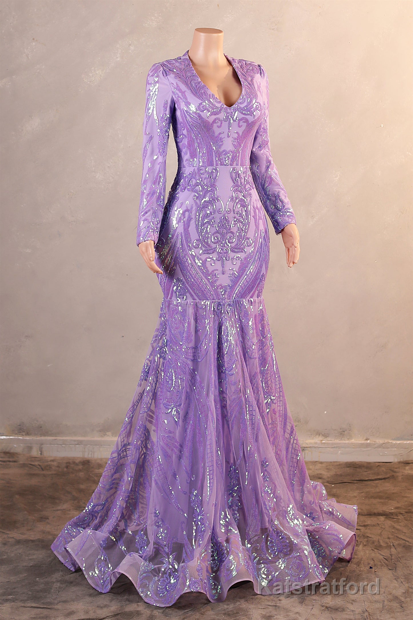 V-Neck Long Sleeve Zipper Sequins Mermaid Sweep Train Evening Dress