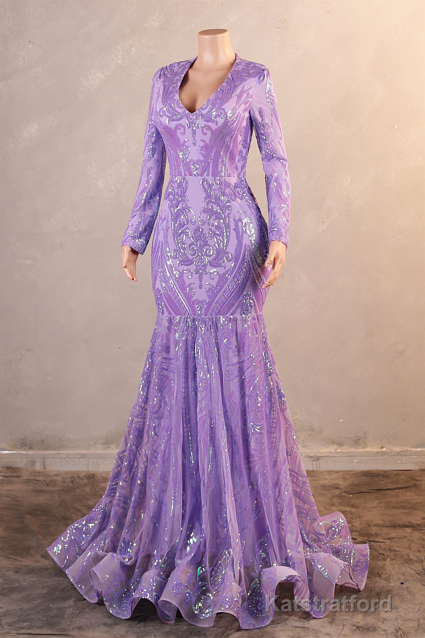 V-Neck Long Sleeve Zipper Sequins Mermaid Sweep Train Evening Dress