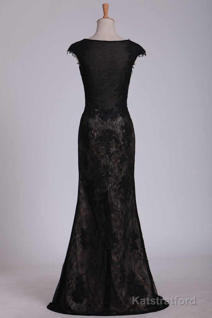 Black Off The Shoulder Sheath Prom Dresses Lace&Tulle Floor Length With Applique & Slit