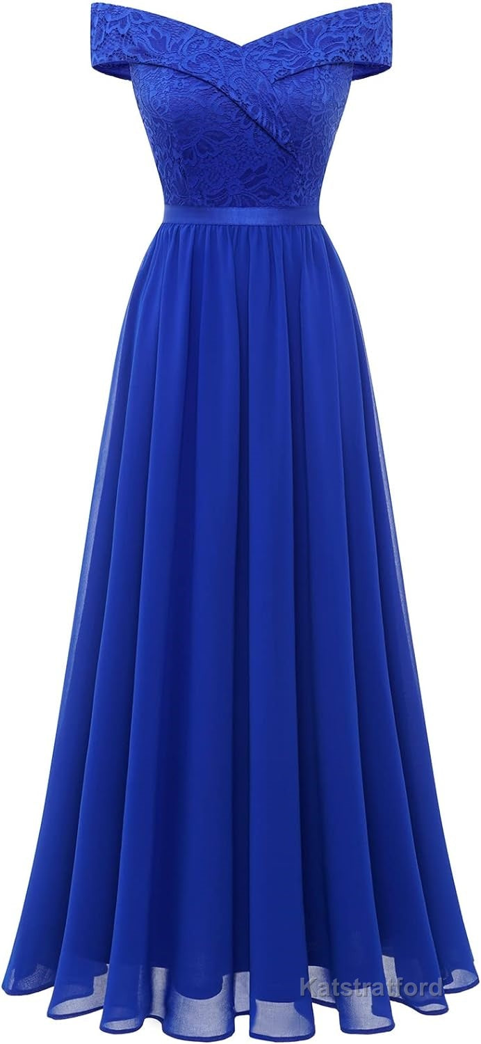 Womens Lace Bridesmaid Dress A-Line Off Shoulder Floral Lace Chiffon Prom Dresses