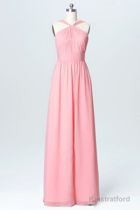 Pink Chiffon Halter Backless A-Line Long Bridesmaid Dress