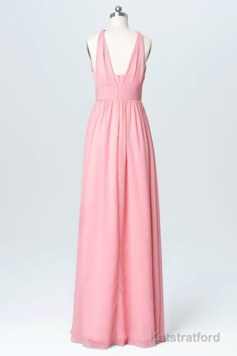Pink Chiffon Halter Backless A-Line Long Bridesmaid Dress