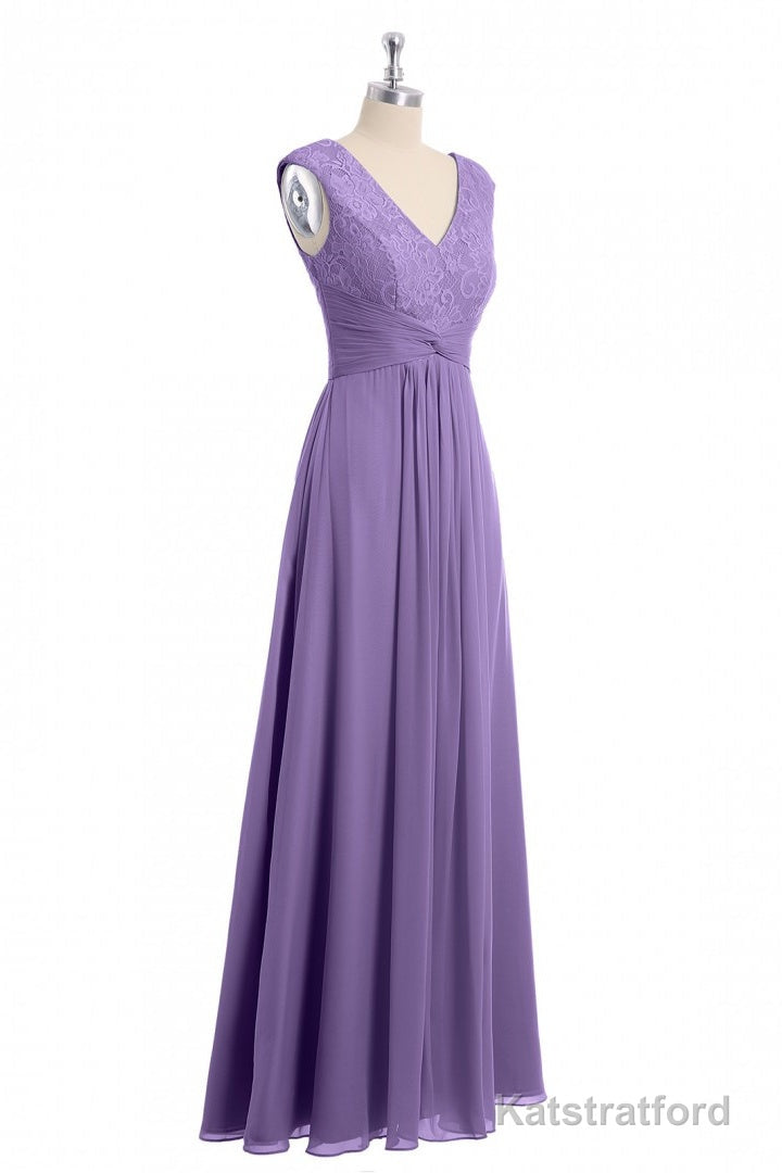 Lavender V-Neck Twist-Front A-Line Long Bridesmaid Dress