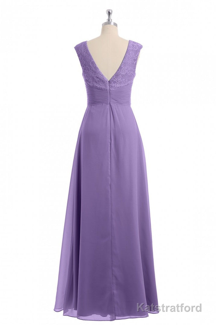 Lavender V-Neck Twist-Front A-Line Long Bridesmaid Dress
