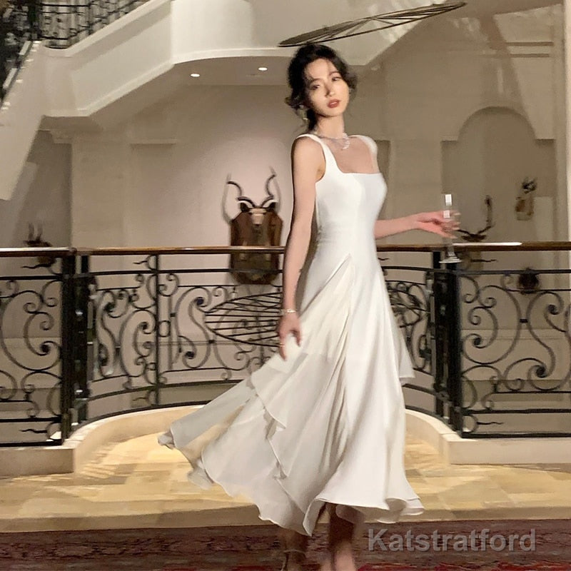 White Elegant Ruffles White Midi Dresses Summer New Evening Party Women Clothes Fashion Sundress Birthday Ladies Dresses