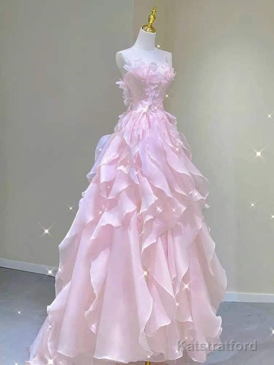 A Line Pink Long Prom Dresses,Strapless Evening Gown