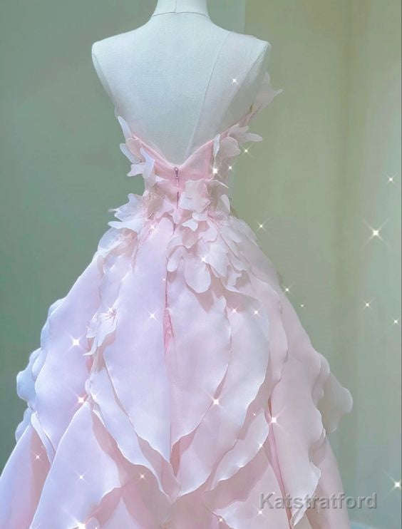 A Line Pink Long Prom Dresses,Strapless Evening Gown