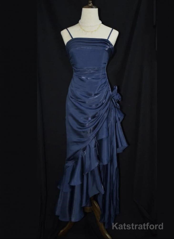 Dark Blue Vintage Floral Elegant Dress Asymmetrical Hem Prom Gown