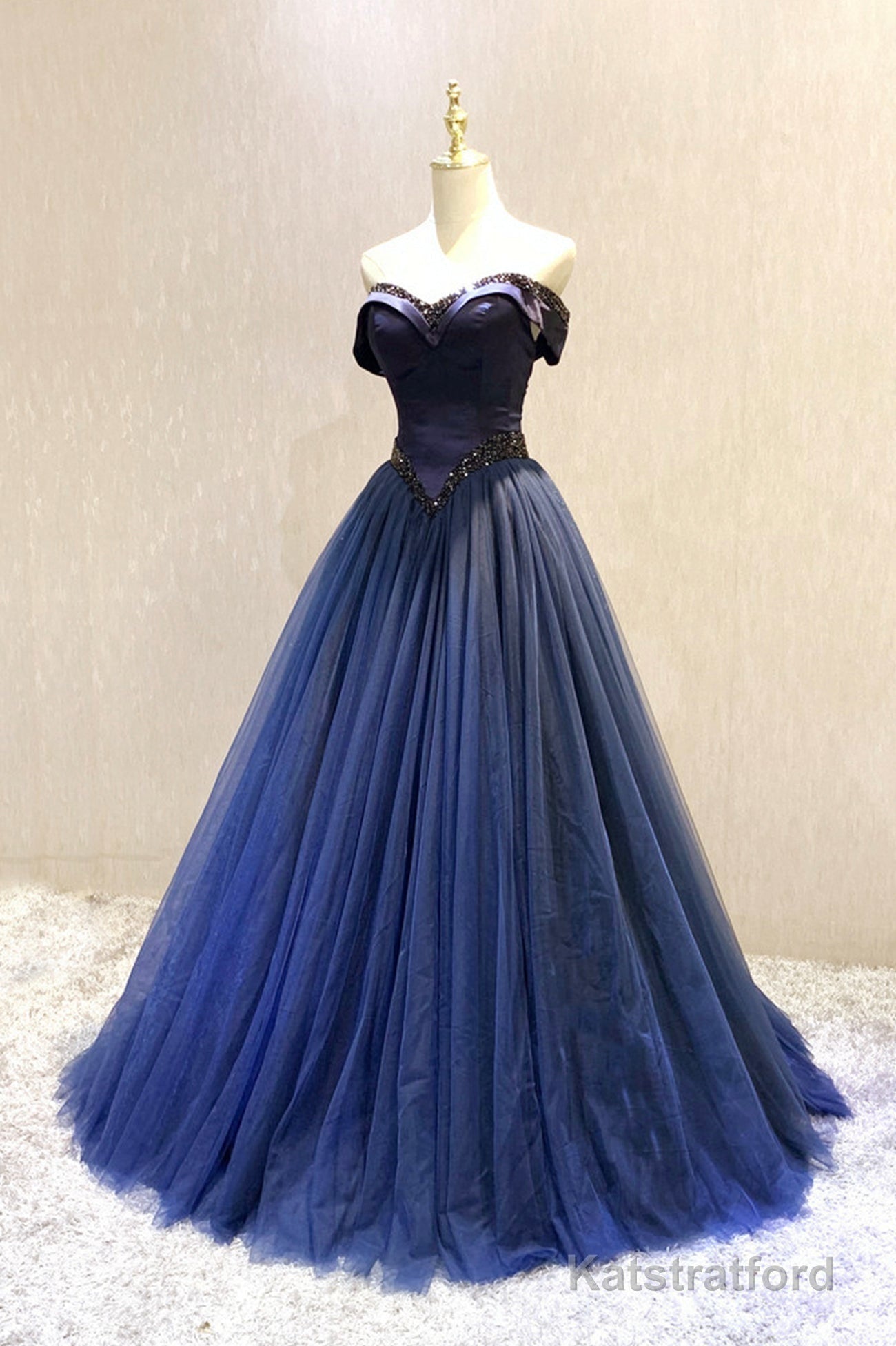 A-Line Tulle Beading Long Prom Dresses, Off the Shoulder Evening Dresses