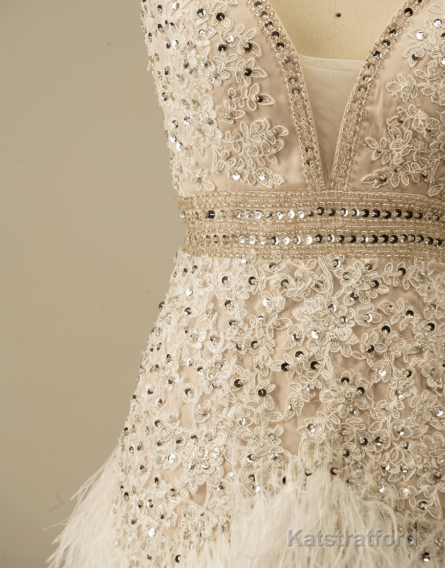 Gorgeous White Spaghetti Straps Beaded Homecoming Dress With Feather