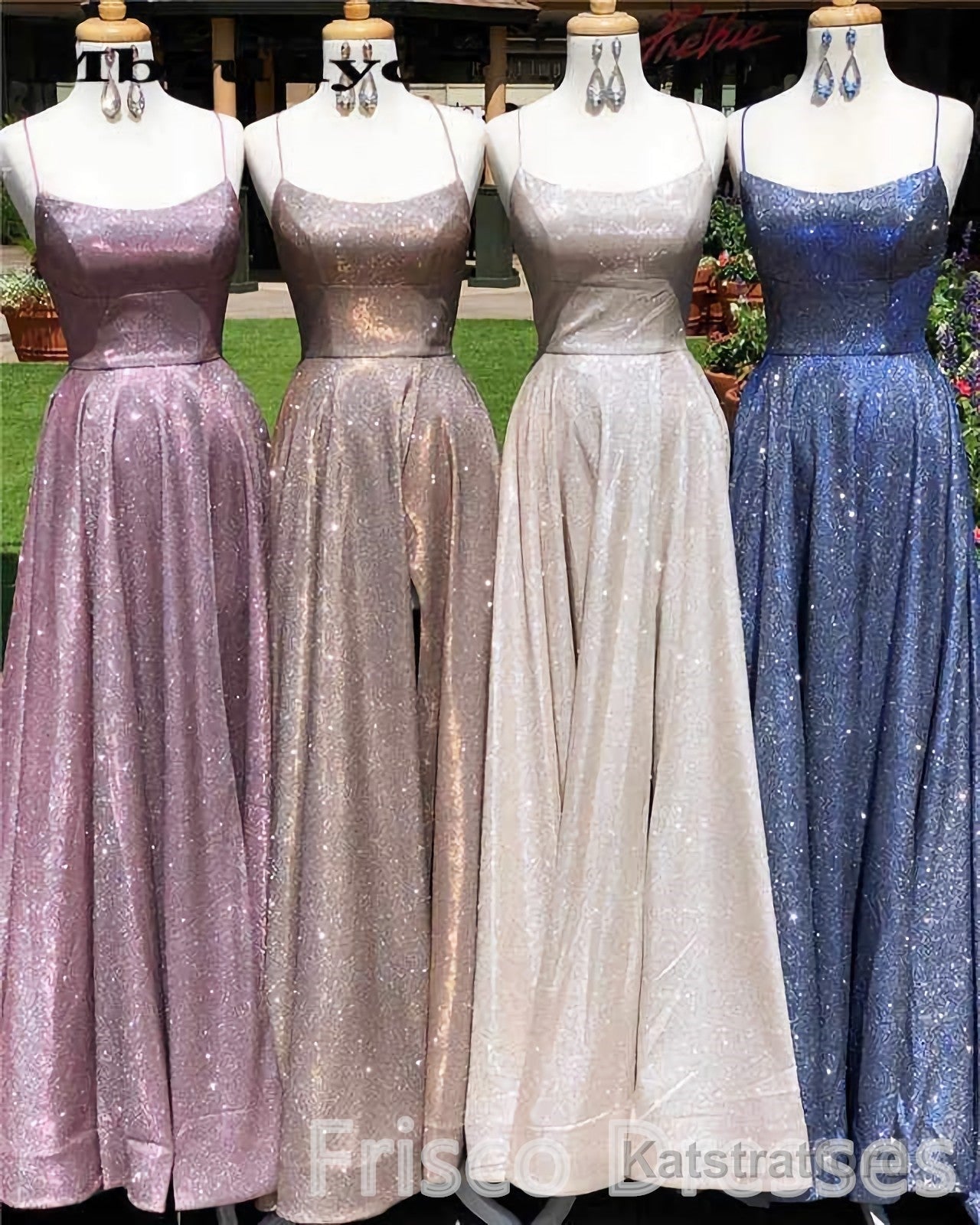 A-Line Sparkle Split Backless Evening Dresses Long Prom Dresses With Pocket