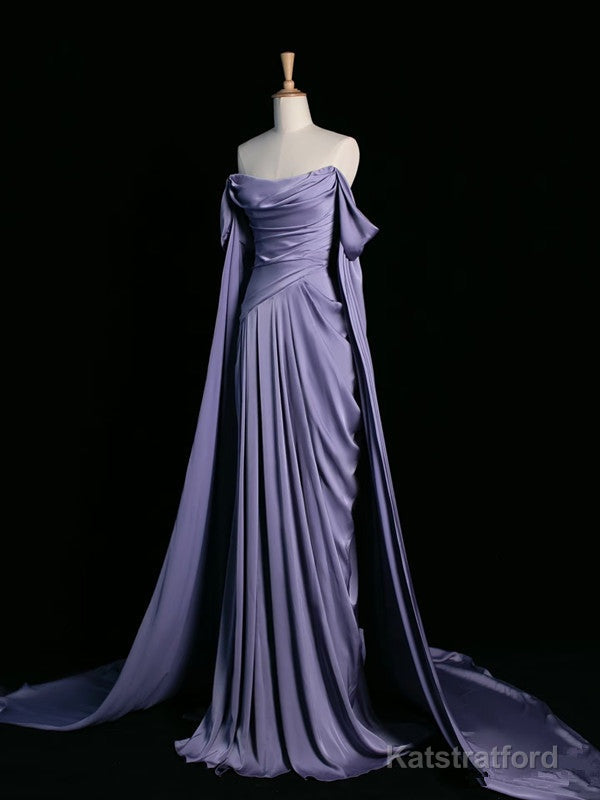Vintage A Line Off The Shoulder Satin Prom Dresses Long Evening Gown Formal Party Dress
