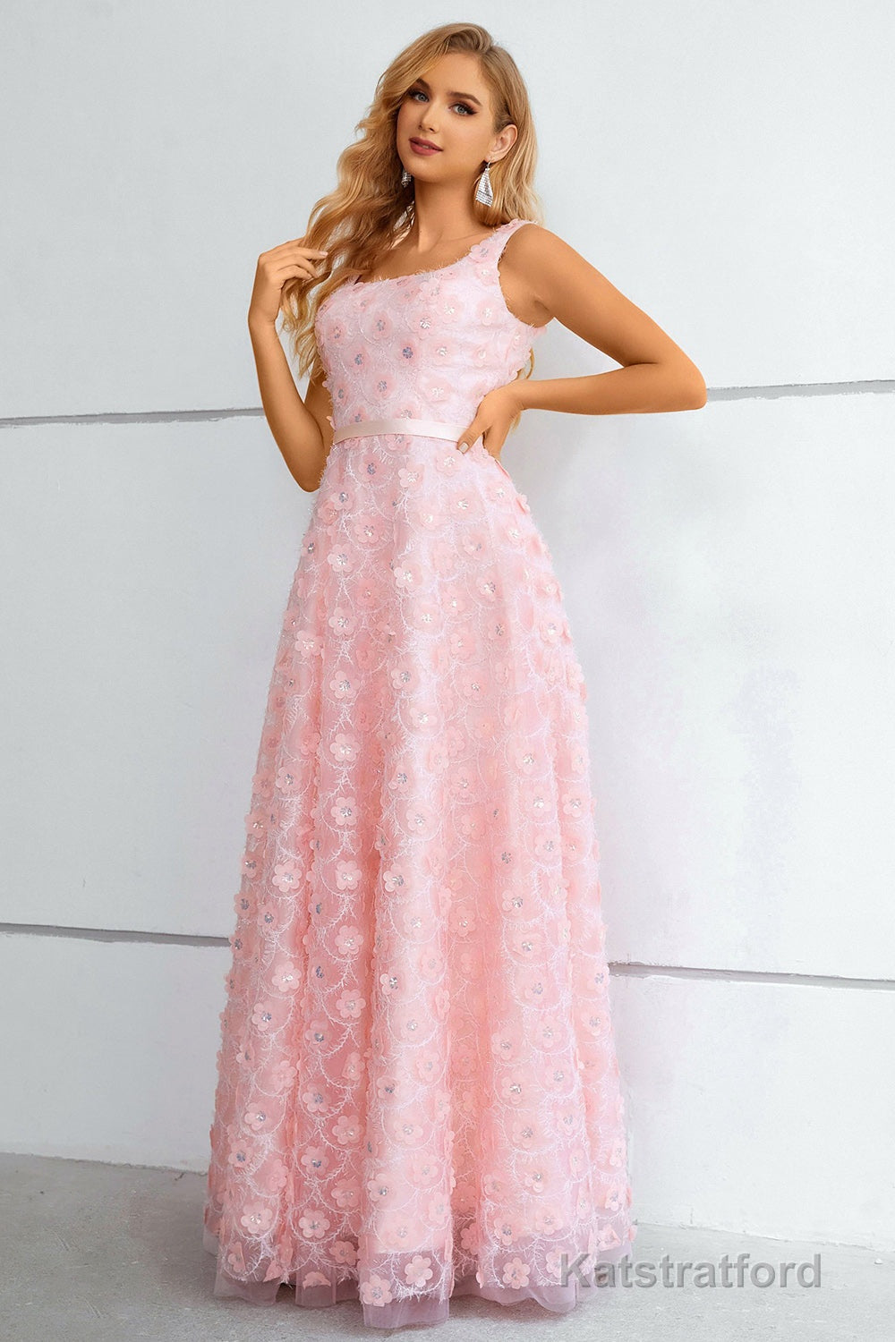 Pink A-Line Lace-Up Back Prom Dress With 3D Flowers