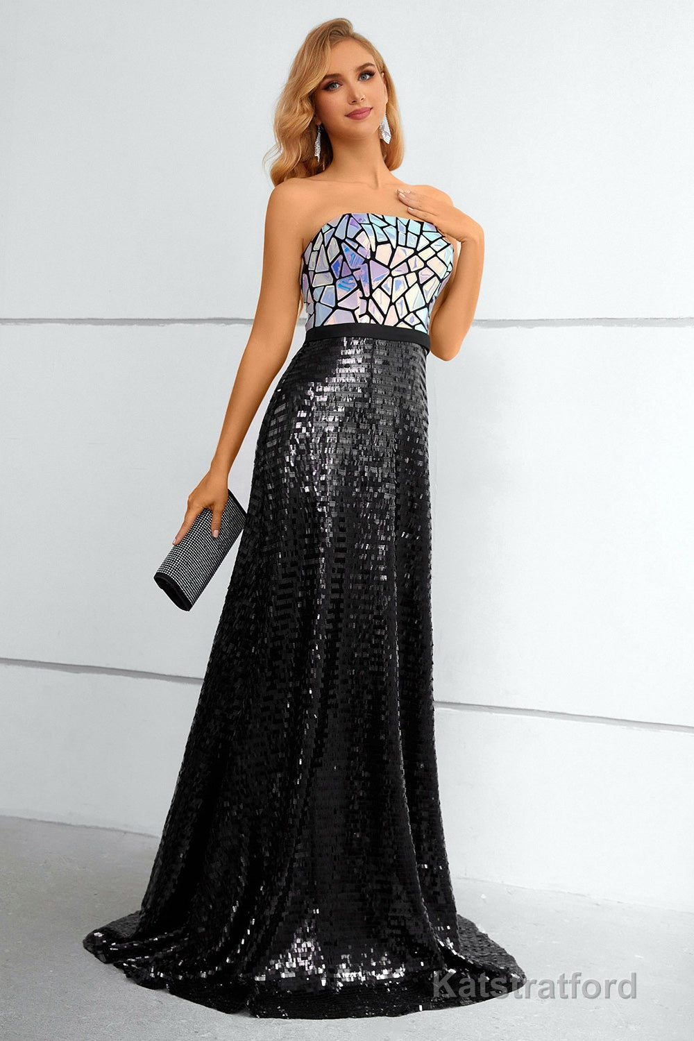 Black Sequined Strapless Prom Dress