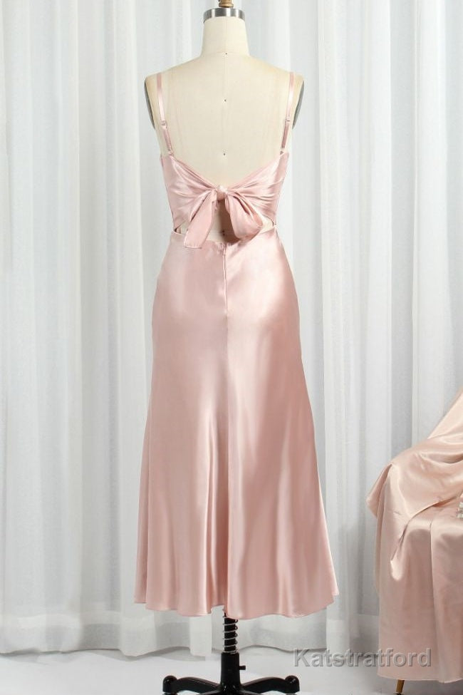 Classic Pink Spaghetti Straps Midi Party Dresss