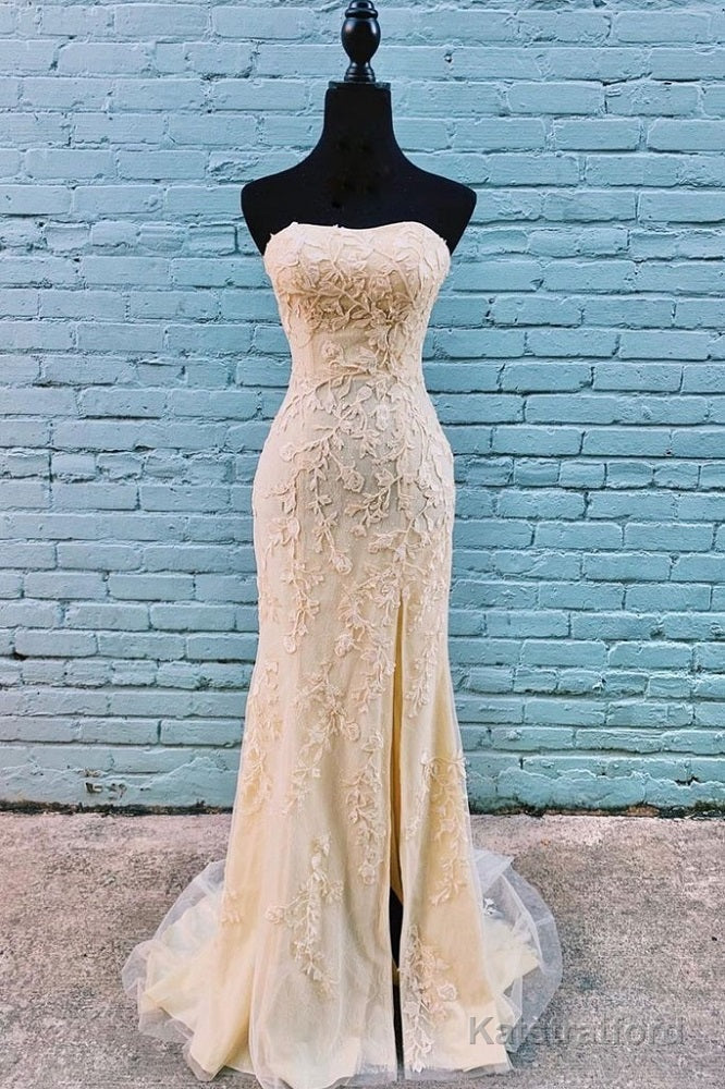 Classy Gold Lace Appliques Long Strapless Prom Dress with Side Slit
