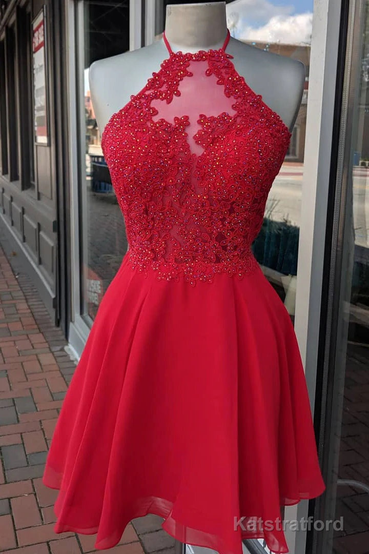 Halter Red Chiffon Appliques Beading Short Homecoming Dresses