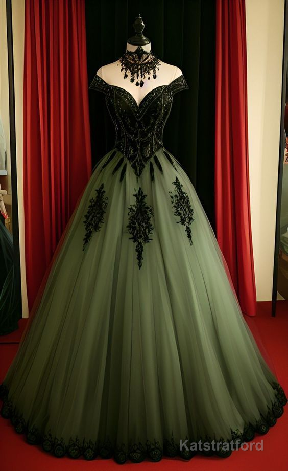 Green A-line Tulle Prom Dress Off The Shoulder Formal Evening Gown